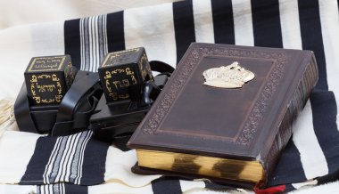 Tefillin and tallit and Sidur Prayer. Text-tefillin Israel clipart