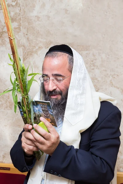 Homem segurando as quatro espécies na sinagoga. Sukkot. — Fotografia de Stock