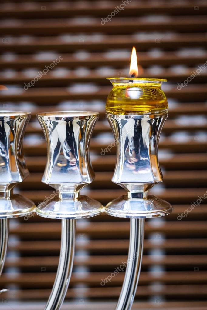 Silver Menorah Hanukkah With olive oil Stock Photo by ©natushm 92905928