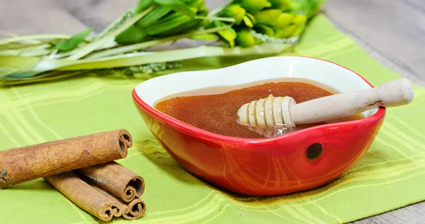 Miel orgánica, herramientas en forma de manzana y palitos de canela —  Fotos de Stock