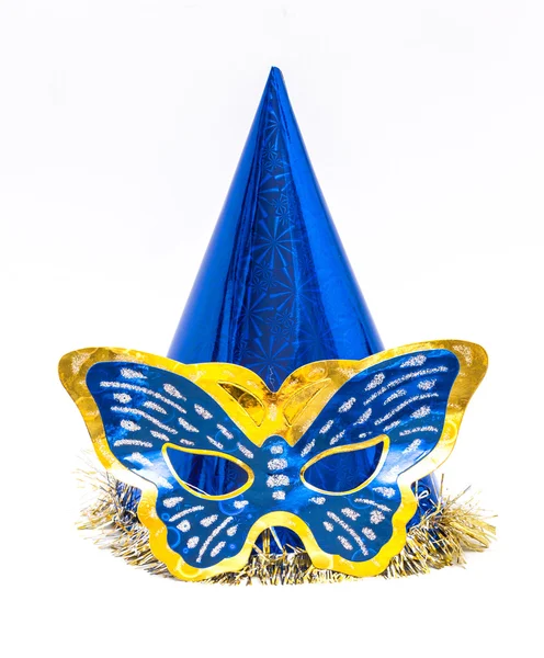 Purim. Sombrero de payaso, color azul con máscara en forma de mariposa — Foto de Stock