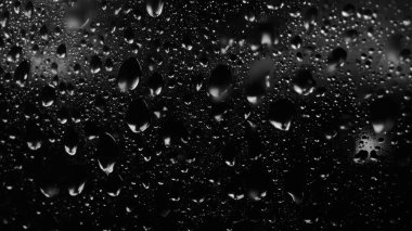 Islak cam. Su damlacıkları. Kapalı camlara yağmur damlaları düşer. Seçici odak siyah ve beyaz