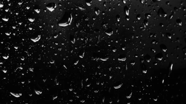 Islak cam. Su damlacıkları. Kapalı camlara yağmur damlaları düşer. Seçici odak siyah ve beyaz