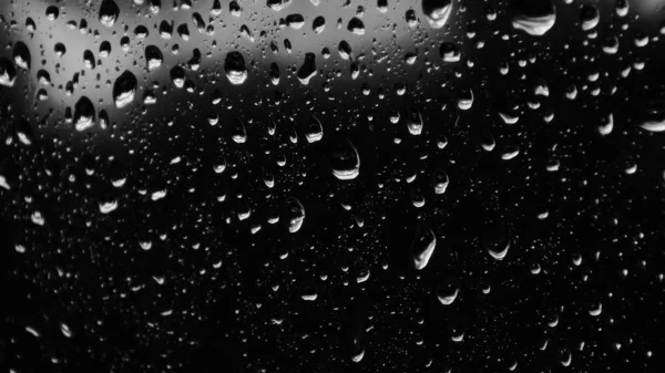 Islak cam. Su damlacıkları. Kapalı camlara yağmur damlaları düşer. Seçici odak siyah ve beyaz