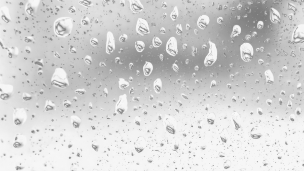 Islak cam. Su damlacıkları. Kapalı camlara yağmur damlaları düşer. Seçici odak siyah ve beyaz