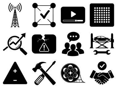 Bu resim on iki siyah ve beyaz ikondan oluşan bir ızgaradır. Simgeler arasında bir iletişim kulesi, işaretli noktalardan oluşan bir ağ, bir video oynatıcı, bir bilgisayar çipi, yükselen grafiği olan bir büyüteç, çatlak bir uyarı işareti, bir grup p