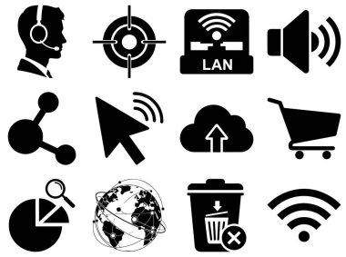Teknoloji ve iletişim temalarını gösteren 12 siyah ve beyaz simgeden oluşan bir şebeke. İlk sırada bir kulaklığı, bir hedef sembolü, kablosuz bir LAN yönlendiricisi ve bir hoparlör ikonu olan biri var. İkinci satırda bir ağ bağlantısı sembolü gösteriliyor.
