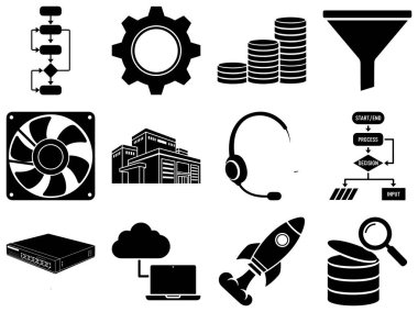 Teknoloji ve iş simgeleri içeren vektör verileri anahtar sözcükler: akış şeması, süreç, dişli, çark, istiflenmiş paralar, para, huni, filtre, fan, bina, ofis binası, kulaklık, mikrofon, iletişim, başlangıç süreci karar girişi, ağ girişi