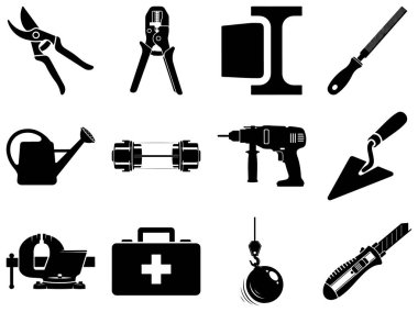 Çeşitli araçları gösteren on iki siyah ve beyaz siluet ikonundan oluşan bir koleksiyon. İkonlar bahçe makası, bir kıstırma aracı, bir I-ışını, bir dosya, bir su kovası, bir sigorta, bir matkap, bir mala, bir mengene, bir ilk yardım çantası, bir w ile bir vinç kancası tasvir ediyor