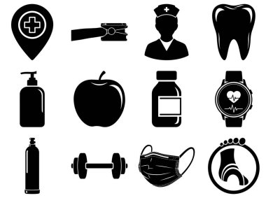 Sağlık hizmetleri ve tıbbi ikonları bir ızgara biçiminde sunan vektör tıbbi ikonlar anahtar sözcükler: sağlık hizmeti, tıbbi ikonlar, konum pin, harita işaretleyici, artı işaret, çapraz, tıbbi ataç, forseps, doktor, hemşire, siluet, kapak, diş, diş, el temizleyici, sabun