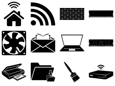 Ev ağları, bilgisayar parçaları ve dijital servislerle ilgili on iki siyah beyaz simgeden oluşan bir ızgara. Simgelerde akıllı bir ev sembolü, kablosuz internet sinyalleri, tuğla bir duvar, RAM modülleri, soğutma vantilatörü, açık bir kitap, bir dizüstü bilgisayar, bir sc