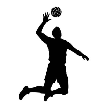 Beyaz arkaplanda voleybol oynayan adamın vektör silueti.