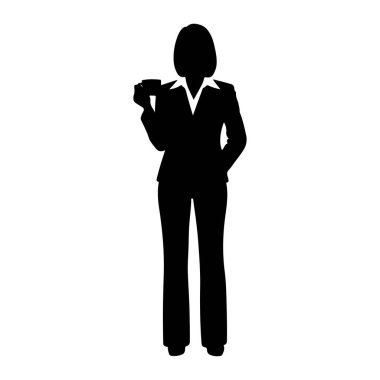 Siyah bir kadın silueti beyaz bir arkaplanda duruyor. Ceketi ve pantolonu olan bir takım elbise giyiyor. Sol eli küçük bir fincan tutuyor, muhtemelen kahve ya da çay için, yüzüne yakın. Sağ eli cebine tıkıştırılmış. Siluet.