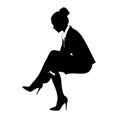 Takım elbiseli bir kadının siyah silueti bacak bacak bacak üstüne atmış şekilde otururken resmedilir. Yakalı bir bluzun üstüne ceket giyiyor ve topuklu ayakkabı giyiyor. Saçları topuz şeklinde. Siluet beyaz bir arkaplanda izole edilmiş, bu da tamamen zıtlık yaratıyor..