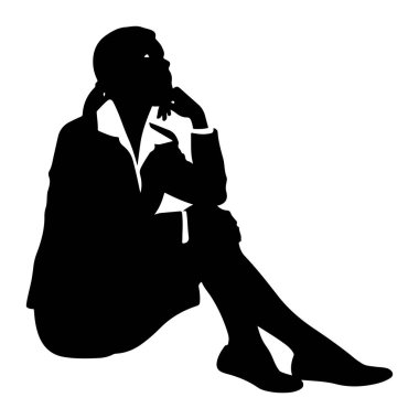 Yere oturmuş, elinde bir kedi tutan siyah bir siluet. Kişi rahat, derin düşüncelere dalmış, bacak bacak üstüne atmış ve bir eli kedinin üzerinde dinleniyor gibi görünüyor. Arkaplan düz beyaz, silueti ve kreasyonu vurguluyor.