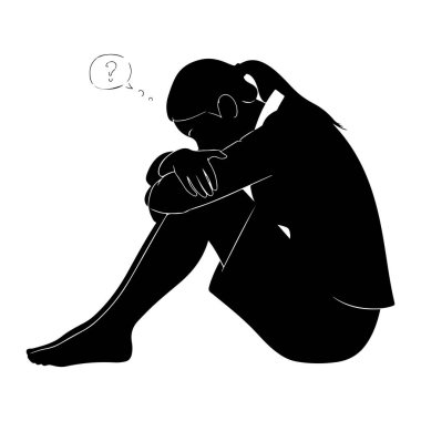 Saçları at kuyruklu genç bir kadın gibi görünen siyah bir siluet, dizleri göğsüne kadar çekilmiş ve kolları onlara dolanmış bir şekilde oturuyor. Elle çizilmiş bir soru işareti kafasının üstündeki konuşma baloncuğunun içinde.