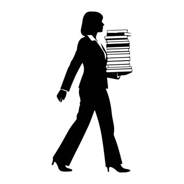 Bir yığın kitap taşırken yürüyen siyah beyaz bir kadın silueti. Kadın resmi giyinmiş, spor ceket, pantolon ve topuklu ayakkabı da dahil. Kitaplar düzgünce istiflenmiş ve sol kolunda tutuluyor. Temiz bir monokta yapıldı.