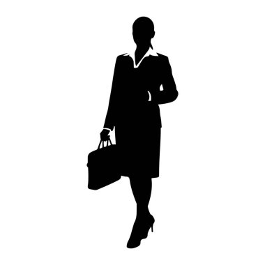 Bir elinde evrak çantası, diğer elinde küçük bir kedi olan yürüyen bir kadının siyah silueti. O, uzun bir elbise ve topuklu ayakkabı ile resmi bir kıyafet giydi. Arka plan düz beyaz, silueti vurguluyor. Bir çeşit profesörlük duygusu taşır.
