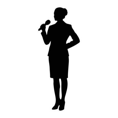 İş elbisesi ve topuklu ayakkabılarla duran siyah bir kadın silueti. Sağ elinde bir mikrofon tutuyor, konuşmak üzere olduğunu ya da bir sunumun ortasında olduğunu gösteriyor. Arka plan bembeyaz, Sil 'i vurguluyor.