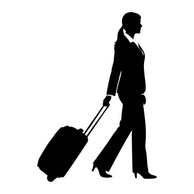 Takım elbiseli bir kadın silueti sağa doğru yürüyor, tekerlekli bavulu çekiyor. Saçları at kuyruklu ve yüksek topuklu ayakkabılar giyiyor. Beyaz bir arka plan temiz. Silüet, kadın, kadın. Takım elbiseli kadın silueti.