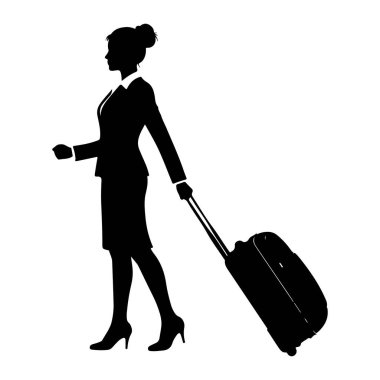Takım elbise giymiş siyah bir kadın silueti, spor ceket ve topuklular da dahil. Bir eliyle bavulu yuvarlıyor, diğer eliyle de bir el çantası tutuyor. Seyahat ettiğini ya da işe gittiğini gösteriyor. Siluet tarzı temiz.
