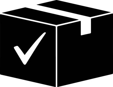 Bir minimalist, içinde beyaz işaret olan bir kara kutunun monokromu. Kutu üç boyutlu bir şekilde tasvir edilir ve biraz açık bir şekilde küp gibi görünür. Kontrol işareti basit, koyu beyaz bir çizgidir ve b 'ye karşıdır.