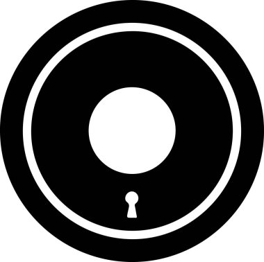 İki eşmerkezli daireden oluşan bir minimalist, monokrom. Dış çember kalın bir sınırla siyahtır, iç çember beyazdır. İç çemberin altında küçük bir anahtar deliği sembolü var, o da beyaz. Temiz, geometrik, a