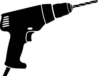 Matkabın ucunda matkap ucu olan siyah beyaz bir taslak. Matkabın tipik bir tabanca kabzası ve tetiğe yakın bir bölmesi olan silindirik bir gövdesi var. Matkap ucu, dril 'den dışarıya doğru uzanan spiral bir desen ile betimlenir.