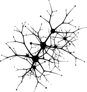 Nöral ağın detaylı siyah-beyaz görüntüsü, dallanan dendritleri ve sinaptik bağlantıları olan birbirine bağlı nöronları gösteriyor. Nöronlar, karmaşık bir ağ oluşturan sayısız ince dallanma uzantısıyla karanlık, merkezi düğümler olarak gösterilir.