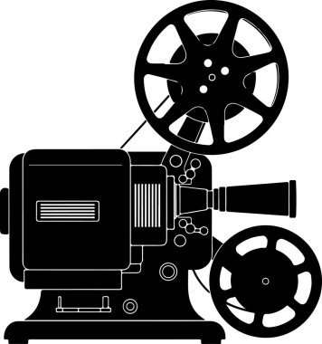 İki makara projektörlü siyah beyaz bir projektörün dikdörtgen bir gövdesi vardır. Bir tarafından mercek uzanır ve ortasında da bir film şeridi görünür. İki bobin makarası projektörün her iki tarafına yerleştirilmiş, biri daha büyük ve...