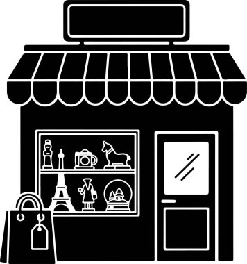 Vitrinli bir dükkan cephesinin siyah beyaz çizgisi. Pencerede Eyfel Kulesi 'nin bir kopyası, bir heykel, bir kamera ve bir at heykelciği de dahil olmak üzere çeşitli minyatür hediyelikler sergileniyor. Marketin önüne etiketli bir alışveriş çantası konur.