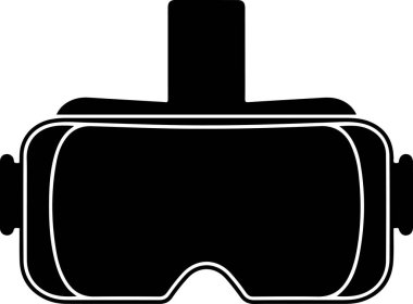 Sanal gerçeklik kulaklığının minimalist, siyah beyaz çizgisi. Kulaklık, dikdörtgen lensleri, yan kayışları ve kafa bandı ile ön cephe manzarası ile tasvir edilir. Temiz ve basit, temel yapı ve şekle odaklı.