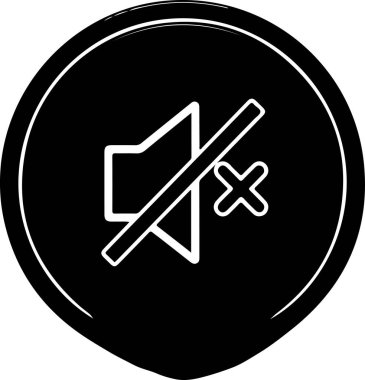 Merkezinde beyaz çizgili hoparlör olan siyah dairesel bir arkaplan. Hoparlör köşegen bir çizgiyle çizilmiş, bu da sesin kapatıldığını ya da kapatıldığını gösteriyor. Minimalist, düz, temiz bir biçim ve t arasında bir kontrastla