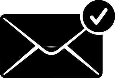 Beyaz çizgili basit bir siyah zarf, sağ köşedeki bir dairede beyaz işaretli, bir uyarı ya da doğrulamayı gösteren, düz beyaz bir arkaplan üzerine kurulmuş. Zarf, siyah, beyaz. Beyaz işaretli siyah zarf yok.