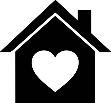 Merkezinde beyaz bir kalbi olan, beyaz bir arka planı olan, basit bir siyah ev. Evin üçgen bir çatısı ve sağ tarafında küçük bir bacası var. Kalp, ev şeklinin içinde merkezlenmiş, açık bir görsel bağlantı yaratıyor.