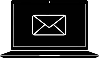 Ekranında belirgin beyaz bir zarf olan siyah bir laptop. Dizüstü bilgisayar minimalist, düz stil, temiz çizgiler ve tek renkli bir şema ile gösterilir. Ekranın ortasındaki zarf e- posta ya da dijital iletişim öneriyor