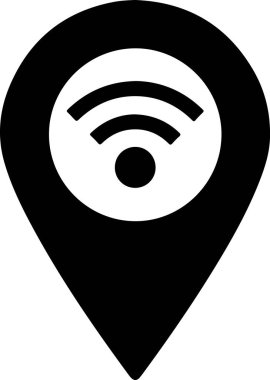 İçinde beyaz WiFi sembolü olan siyah bir lokasyon rozeti. İğne, yuvarlak ve sivri dipli basit bir minimalist. Wi-Fi sembolü pin içinde merkezli ve merkezi bir noktadan yayılan üç kıvrımlı çizgiden oluşur.