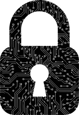 Beyaz devre kartı olan siyah bir asma kilit beyaz bir arkaplan üzerine kuruludur. Asma kilidin merkezinde bir anahtar deliği ve kıvrımlı yuvarlak dikdörtgen bir gövdesi vardır. Siyah arka planda beyaz devreler ve noktalar dijital ve t verir.