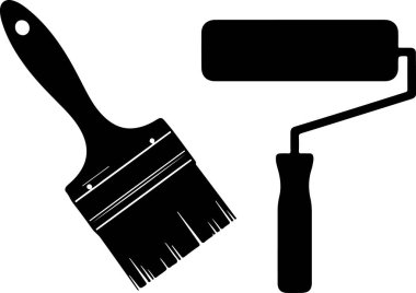 Boya fırçasının siyah bir silueti, her ikisi de beyaz arka planda izole edilmiş siyah bir siluetin soluna yerleştirilmiştir. Fırçanın sapı ve tüyleri varken, silindirin sapı ve silindirik bir silindiri vardır..