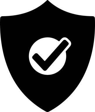 A black shield shape with a white circle in the center containing a black checkmark, set against a white background. The shield has a pointed and rounded sides, resembling a traditional heraldic shield. The checkmark is thick and angled, with its end