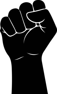 Havaya kaldırılmış, sıkılmış bir yumruğun cesur siyah silueti. El, basit ve temiz bir tasvir edilmiş, güçlü ve meydan okuyan hareketi vurguluyor. Arkaplan düz beyaz, siyah siluet ile keskin zıt,