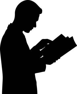 Profilde sağa bakan bir adamın kitap ya da belge okuduğu siyah bir siluet. Adamın kafası okurken hafifçe eğilmiş. Siluet düz beyaz bir arkaplan üzerine kurulmuş. Adam, siluet, siyah. Kitap okuyan adamın siyah silueti