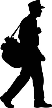 Siyah bir siluet, sağ tarafta yürüyen, şapkalı ve omzunda torba taşıyan bir adam. Adam, düz beyaz bir arkaplana karşı iki boyutlu basit bir şekilde tasvir ediliyor. Sağ bacağı önde, sol bacağı arkada.