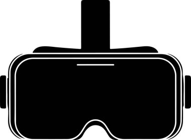 Beyaz bir arka plana karşı sanal gerçekliğin basit bir siyah silueti. Kulaklığın yuvarlak kenarları olan dikdörtgen bir şekli ve her iki tarafında da muhtemelen baş kayışını temsil eden iki küçük dikdörtgen çıkıntısı var.