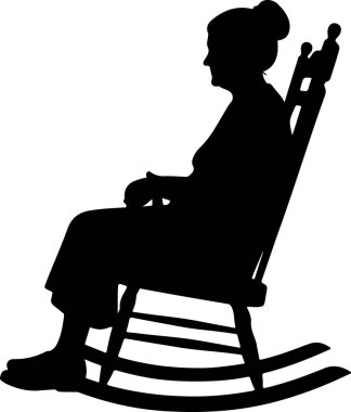 Beyaz arka planda sallanan bir sandalyede oturan siyah bir siluet. Kişi rahat bir pozisyonda, elleri kucağında dinleniyor gibi görünüyor. Sallanan sandalyenin kıvrımlı sırtı ve kollukları olan bir klasiği var. Siluet.