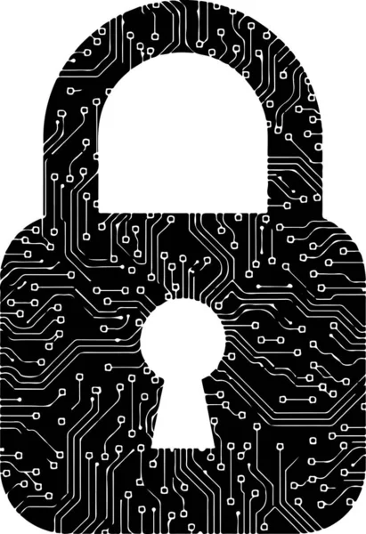 Beyaz devre kartı olan siyah bir asma kilit beyaz bir arkaplan üzerine kuruludur. Asma kilidin merkezinde bir anahtar deliği ve kıvrımlı yuvarlak dikdörtgen bir gövdesi vardır. Siyah arka planda beyaz devreler ve noktalar dijital ve t verir.