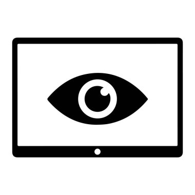 Tablet ekranında gösterilen siyah beyaz bir göz. Göz, kalın siyah bir kenarı ve alt kısmında ev düğmesini temsil eden küçük beyaz bir dairesi olan ekranın merkezindedir. Arkaplanı düz beyaz..