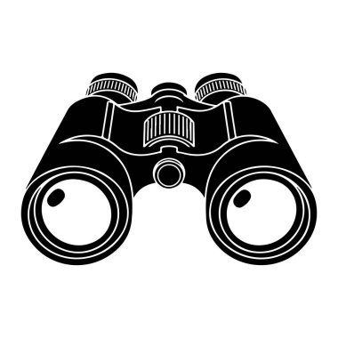 Beyaz çizgili siyah bir dürbün, düz beyaz bir arkaplan üzerine kurulmuş. Dürbün basit bir şekilde tasvir edilir, temiz çizgiler ve en az ayrıntıyla. İki göz kapağı, iki objektif lens ve merkezi bir menteşe..