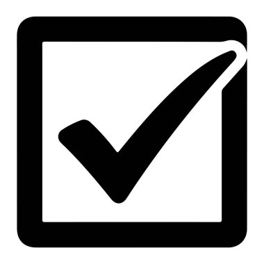 Yuvarlak köşeli siyah bir kare beyaz bir iç mekan ve sol alt köşesinde sağa doğru açılı büyük bir siyah kontrol işareti içerir. Kontrol işaretinin sağ kıvrımları meydanın dışında. Sade beyaz arka planda basit bir stili var..