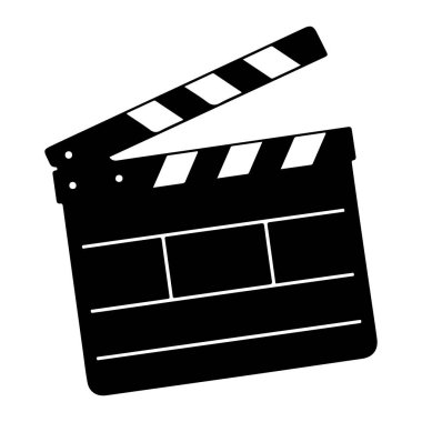 Beyaz arkaplanda beyaz detaylara sahip siyah bir alkış tahtası gösteriliyor. Çırpma tahtasının, çapraz çizgileri olan menteşeli bir bölümü var. Alttaki bölümde yazılacak satırlar var. Genel olarak basit ve ikonik, kolaylaştırıyor.